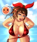  1girl :3 bandai_namco bent_over big_breasts bikini breasts cleavage don-chan_(taiko_no_tatsujin) female_focus huge_breasts josie_rizal legs living_instument looking_at_viewer namco namco_bandai open_mouth outdoors outside red_bikini sky solo solo_focus sowilo standing swimsuit taiko_no_tatsujin tekken water 