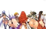  armor ass blonde_hair breasts echidna echidna_(queen&#039;s_blade) huge_ass leina leina_(queen&#039;s_blade) lipstick miko musha_miko queen&#039;s_blade red_hair risty risty_(queen&#039;s_blade) shield sword thong tomoe tomoe_(queen&#039;s_blade) view_from_behind weapon 