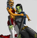 2girls ahsoka_tano barriss_offee facial_markings female female_only green_skin hair mirialan multiple_girls orange_skin purple_hair star_wars star_wars:_the_clone_wars togruta yuri