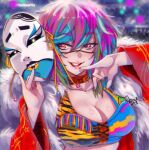  1girl :d alluring asuka_(wrestler) asuka_(wwe) asuka_(wwe_diva) bangs blue_hair breasts cleavage coat grin holding holding_mask kabuki kanako_urai lipstick long_sleeves looking_at_viewer makeup mask meowyin multicolored_hair nail_polish open_mouth pink_hair red_coat red_eyes red_nails short_hair smile teeth wrestling_outfit wwe wwe_diva wwe_divas 