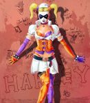 batman:_arkham_asylum belt cleavage collar corset gloves harley_quinn mask miniskirt pigtails stockings whale_tail