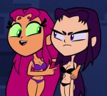 angry big_breasts bikini black_bikini blackfire bra cute panties purple_bikini scobionicle99 screenshot screenshot_edit sisters starfire teen_titans teen_titans_go thick_thighs