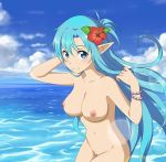 1girl 1girl 1girl asuna_(alo) asuna_(sao) big_breasts blue_eyes bracelet breasts cloud erect_nipples female_only female_solo flower hair_flower hair_ornament jewelry long_hair nipples nude outside pointed_ears pussy sky smile sword_art_online very_long_hair water yuuki_asuna