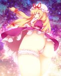 1girl ass blonde_hair bow chita colored female finger_to_mouth from_below garter_belt garters gloves hair_bow hat highres long_hair looking_back looking_up open_mouth panties pantyshot purple_eyes sanotsuki solo thighs thong touhou underwear upskirt view_from_below yakumo_yukari yukari_yakumo