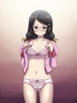  1girl awa bakemonogatari black_hair blush bra braid glasses hanekawa_tsubasa lingerie monogatari_(series) navel nekomonogatari open_clothes open_shirt panties pink_bra pink_panties shirt solo tsubasa_hanekawa twin_braids underwear 