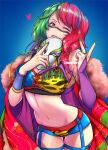  1girl alluring asuka_(wrestler) asuka_(wwe) asuka_(wwe_diva) bangs blue_background breasts brown_eyes cleavage fur_collar green_eyes green_nails heart high_res holding holding_mask kabuki kanako_urai lipstick looking_at_viewer makeup mask meowyin multicolored_hair nail_polish navel one_eye_closed pink_hair teeth v wwe wwe_diva wwe_divas 