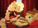 applejack blonde_hair braeburn clothing cum_inside cutie_mark embarrassed female fishnet friendship_is_magic green_eyes long_hair my_little_pony prostitution pussy_juice sex syoee_b vaginal_penetration