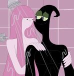 1boy 1girl black_body cartoon_network green_sclera husband_and_wife long_hair nathaniel718 nergal nergal_&_princess_bubblegum pink_body pink_hair princess_bubblegum purple_eyes shower_head wet wet_body wet_hair