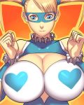  1girl bare_shoulders blonde_hair blue_eyes breast_squeeze breasts capcom cleavage cleavage_cutout heart huge_breasts leotard long_hair mask rainbow_mika sawao scrunchie solo street_fighter street_fighter_zero street_fighter_zero_3 street_fighter_zero_iii twintails wrestling_outfit 