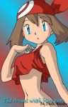  1girl adult alluring arms bandana bandanna belly bike_shorts blue_eyes bottomless brown_hair creatures_(company) darkalastor female game_freak girl haruka_(pokemon) humans_of_pokemon kageta lake_art looking_at_viewer may_(pokemon) naked_from_the_waist_down nintendo pokemon pokemon_(anime) pokemon_diamond_pearl_&amp;_platinum pokemon_dppt pokemon_rse pose short_hair solo woman 