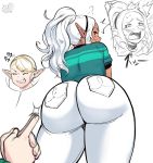 2_girls anal_penetration ass big_ass blonde_hair blush bubble_butt buttholemagick dark-skinned_female dark_skin elf elf-san_wa_yaserarenai elf_ears elfuda huge_ass kuroeda large_ass long_hair looking_at_viewer looking_back looking_over_shoulder mole plus-sized_elf pov red_eyes round_ass smile tied_hair tight_clothing white_hair