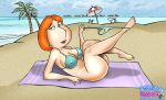 ass beach beach_umbrella bikini bikini_bottom_pull bottomless erect_nipples family_guy lipstick lois_griffin lying on_back palm_tree red_hair tan_line toon-party towel water