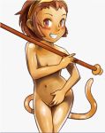  alcnx blush brown_eyes brown_hair capcom furry genderswap marvel marvel_vs._capcom monkey monkey_girl navel nude short_hair smile sonson staff sun_wukong tail tiara 