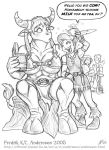  1girl 2005 2boys ambiguous_gender anthro bard bovine breasts clothed clothing drunk english_text fantasy female fredrik_k.t._andersson_(artist) furry horns human large_breasts male minotaur sitting text warrior 