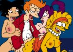 amy_wong areolae breasts crossover doggystyle futurama lisa_simpson nev_(artist) nipples open_mouth orange_hair philip_j._fry purple_hair teeth the_simpsons tongue turanga_leela yellow_skin