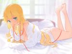 1girl 1girl 4:3_aspect_ratio akai_haato aqua_eyes ass bangs bare_legs barefoot bed bed_sheet blonde blue_eyes blurry blurry_background blush breast_press breasts cleavage curtains depth_of_field dress_shirt eyebrows_visible_through_hair feet finger_to_mouth high_resolution hololive indoors legs long_hair long_sleeves looking_at_viewer lying medium_breasts off_shoulder on_bed on_stomach panties parted_lips pig red_ribbon ribbon shirt sleeves_past_wrists soles the_pose toes underwear ur_unco virtual_youtuber white_panties white_shirt white_underwear window