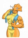 breasts dalus dalus_(artist) dinosaur female furry muscle muscles nude one_eye_closed pinup scalie solo towel triceratops wink