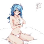 1:1_aspect_ratio 1girl :o bare_legs barefoot bed_sheet big_breasts blue_eyes blue_hair blush breasts character_name clavicle closed_mouth clothing_aside double_bun eyebrows_visible_through_hair feet hat high_resolution kantai_collection legs medium_hair navel nipples panties rizzl sailor_hat signature simple_background sitting tank_top twitter_username underwear underwear_only urakaze_(kantai_collection) wariza white_background white_headwear white_panties white_underwear