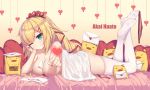 1girl 1girl 5:3_aspect_ratio ;) akai_haato ass bangs bed_sheet between_breasts big_breasts blonde blush breasts closed_mouth envelope eyebrows_visible_through_hair feet fingernails full_body hair_between_eyes hair_ornament hair_ribbon head_tilt heart heart_hair_ornament heart_pillow high_ponytail high_resolution hololive legs_up letter long_hair love_letter lying nail_polish naked_sheet neps-l nipples no_shoes on_stomach one_eye_closed panties panties_around_toe pig pillow ponytail red_nails red_panties red_ribbon ribbon signature smile soles stockings tied_hair underwear virtual_youtuber white_legwear wink