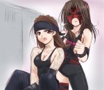  2girls bandanna braid brown_hair female genderswap hairdressing kaiga kane_(wwe) long_hair mask multiple_girls ribbon tattoo the_undertaker tying what wwe 