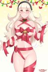  1girl 1girl alluring bdsm big_breasts blush bondage bound breasts christmas convenient_censoring corrin_(fire_emblem) corrin_(fire_emblem)_(female) fire_emblem fire_emblem_fates fire_emblem_heroes gift hair_between_eyes hair_ornament hairband hat high_res long_hair naked_ribbon navel nintendo pointy_ears red_eyes red_ribbon ribbon ribbon_bondage santa_hat sarukaiwolf smile white_hair 