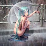 1girl aqua_hair ass back bdsm blue_hair blush boots breasts bullying cuffs exhibitionism female gradient_hair handcuffs hatsune_miku knee_boots long_hair looking_at_viewer looking_back miku_hatsune multicolored_hair nail_polish nude open_mouth outdoors outside public_nudity purple_eyes rain rubber_boots see-through solo squatting transparent transparent_umbrella twin_tails twintails umbrella very_long_hair vocaloid wokada zenra