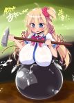 1girl akai_haato big_breasts blonde_hair blue_eyes bowtie breasts cauldron getting_over_it hair_ribbon hololive huge_breasts long_hair sledgehammer virtual_youtuber