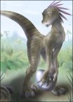  big_eyes big_feet claws dinosaur edit egg egg_thief feral hindpaw pleading raptor scalie shopped slit_pupils solo zen zen_(artist) 