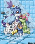  2girls blue_eyes cat digimon dragon feline female furry gatomon green_eyes hetero licking male mister_d mister_d._(artist) multiple_girls palmon penis plant red_eyes scalie shower tongue veemon 