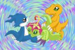  agumon blue_skin digimon dragon fellatio from_behind green_skin oral orange_skin palmon threesome veemon 