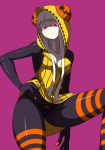  alternate_color black_panties bodysuit breasts cleavage electro_alice_(cosplay) electro_emilia fingernails_over_gloves halloween hand_on_hip hime_cut hood hoodie jack-o'-lantern ken_(koala) latex long_hair microdress nail_polish orange_nails original panties panties_under_pantyhose pantyhose purple_background sidelocks silver_hair smile solo striped striped_legwear underwear 