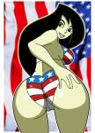 1girl 4th_of_july american_flag_bikini big_ass bikini black_hair bubble_butt butt disney female_only green_eyes green_skin kim_possible long_hair looking_back pervyangel print_bikini pussy shego shiny shiny_skin smile star stars string_bikini usa