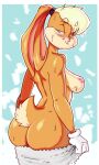 1girl 1girl anthro areola ass ass_support bedroom_eyes big_ass biting_lip blonde_hair blue_eyes blush boobs_and_butt_pose breasts buckteeth dat_ass female_only fur furry gloves half-closed_eyes high_res inverted_nipples lagomorph lola_bunny long_ears looking_back looney_tunes mammal mcfli medium_breasts nipples nude puffy_nipples rabbit shiny_skin short_hair side_view sideboob space_jam sweat tail tan_fur towel two_tone_fur warner_brothers