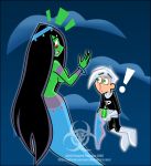  ! black_hair bodysuit bracelet danny_fenton danny_phantom desiree embarrassing genie ghost green_eyes green_skin long_hair nosebleed red_eyes short_hair sideboob topless twisted-persona_(artist) view_from_behind wardrobe_malfunction white_hair 