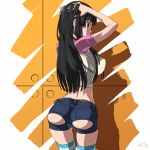 1girl adjusting_hair akiyama_mio arms_up ass ass_cheeks ass_cutout back big_breasts black_hair breasts clothes crop_top curvy denim denim_shorts erect_nipples fingernails from_behind hair hand_on_head hand_on_own_head hands_on_head highres hime_cut impossible_clothes impossible_clothing impossible_shirt impossible_shorts k-on! large_breasts long_fingernails long_hair looking_back mio_akiyama nipple purple_eyes pussy raglan_sleeves sandworks shadow shirt short_shorts shorts sideboob single_breast solo standing striped striped_legwear striped_thighhighs suna t-shirt thighhighs torn_clothes torn_clothing torn_pants