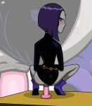 anal anal_insertion anal_masturbation ass blush bubble_butt dc_comics dildo dildo_sitting female_masturbation female_only grey_skin insertion leotard_aside looking_back pale_skin purple_eyes purple_hair randomrandom raven_(dc) red_ass shiny_skin short_hair solo teen_titans zoom_layer