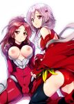 2girls ass bare_shoulders black_legwear blush bodysuit breasts breasts_outside brown_hair cameltoe center_opening detached_sleeves fingerless_gloves gloves guilty_crown hair hair_ornament hairclip kashi leotard long_hair multiple_girls nipples open_clothes open_mouth pink_hair red_eyes shinomiya_ayase stockings thighhighs twin_tails twintails yuzuriha_inori