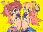  2girls ape_escape belt blonde_hair capcom crossover elbow_gloves flat_chest gloves green_eyes groin gun hair_ribbon long_hair mega_man megaman metata midriff mound_of_venus multiple_girls nintendo nipples oekaki open_fly ponytail red_hair ribbon rockman rockman_(classic) rockman_(original) roll_(rockman) saru_getchu sayaka_(ape_escape) sayaka_(saru_getchu) scarf shirt_lift short_twintails twintails unzipped weapon yumi 