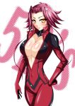  1girl bad_id biker_clothes bikesuit blush body_blush bodysuit breasts center_opening cleavage izayoi_aki large_breasts pizaya red_hair redhead s_tanly short_hair slender solo yellow_eyes yu-gi-oh! yu-gi-oh!_5d&#039;s yuu-gi-ou yuu-gi-ou_5d&#039;s 