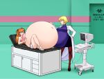  2_girls annoyed asuka_langley_souryuu big_breasts blonde_hair blue_eyes brown_hair green_eyes hyper_pregnancy neon_genesis_evangelion pregnant pregnant_belly pregnant_female ritsuko_akagi saburox 