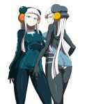  1girl 2girls arm_behind_back ass black_legwear blue_eyes blue_legwear blue_nails blue_skirt bodysuit breasts contrapposto dual_persona electro_emilia female fingernails_over_gloves from_behind hair hair_ornament halterneck hand_on_own_chest headgear high_res highres hime_cut jacket ken_(koala) latex legs_crossed long_hair looking_back microdress miniskirt multiple_girls nail_polish neon_trim original panties panties_over_pantyhose pantyhose pantyshot siblings sidelocks sisters skirt sleeveless smile smirk standing thighs twins underwear upskirt very_long_hair white_hair white_panties 