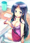 1girl akiyama_mio areola areola_slip areolae bare_shoulders bed big_breasts black_hair blush book breasts cleavage collarbone k-on! kashi large_breasts long_hair looking_at_viewer open_book open_mouth panties pen pillow purple_eyes sitting solo stockings thighhighs tissue tissue_box trash_can trashcan underwear white_legwear white_panties