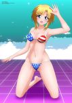 1girl american_flag_bikini bikini blue_eyes female female_only kaori_shiruko kneeling looking_at_viewer nipples on_knees solo stars_and_stripes yukino_memories zel-sama