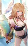  1girl 1girl alluring big_breasts blue_eyes body_markings bottle breasts choker cleavage eunie_(xenoblade) gym_clothes gym_shorts head_wings high_res light_brown_hair navel nemu_(ut_kakinotane) nintendo shaking sports_bra sportswear stuffed_toy taion_(xenoblade) water_bottle wings xenoblade_(series) xenoblade_chronicles_3 