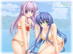 2girls bikini blue_eyes blue_hair blush breasts cleavage green_eyes hentai konoe_nanami lamune large_breasts long_hair multiple_girls purple_hair swimsuit tomosaka_suzuka tongue wallpaper