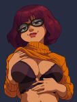 1girl 1girl 1girl areola bra breasts brown_eyes clothed clothing clothing_lift exposed_breasts eyewear glasses half-closed_eyes hanna-barbera inker_comics inkershike lifted_by_self light-skinned_female light_skin looking_at_viewer naughty_face orange_clothes orange_sweater presenting presenting_breasts scooby-doo smile sweater sweater_lift turtleneck upper_body velma_dinkley