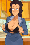 1girl 1girl big_breasts black_bra black_clothes black_eyes black_hair black_skirt black_underwear blue_jacket blue_skirt bra breasts brown_hair cleavage closed_mouth clothing female_only formal harriet_the_spy indoors jacket kitchen long_hair long_sleeves looking_at_viewer mature_female milf newguy1091 office_lady ole_golly open_clothes open_shirt panties pencil_skirt shirt skirt smile standing suit underwear