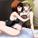 2_girls accurate_art_style alexis_rhodes alluring bare_legs blonde_hair blue_eyes brown_eyes brown_hair koikoi_(artist) lingerie on_bed see-through_lingerie tea_gardner underwear yu-gi-oh! yuri