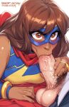 1boy 1girl ai_generated big_penis blush brown_eyes brown_hair brown_skin dark-skinned_female fellatio interracial kamala_khan light-skinned_male looking_at_partner marvel masked_female ms._marvel muslim_female older older_female pakistani_female penis red_scarf scarf sleeveless superheroine young_adult young_adult_female young_adult_woman