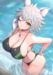 1girl 1girl alluring big_breasts bikini cat_ears catgirl cleavage core_crystal gonzarez hips na'el_(xenoblade) nintendo short_hair swimming_pool swimsuit thick_thighs thighs white_hair wide_hips xenoblade_(series) xenoblade_chronicles_3 xenoblade_chronicles_3:_future_redeemed yellow_eyes